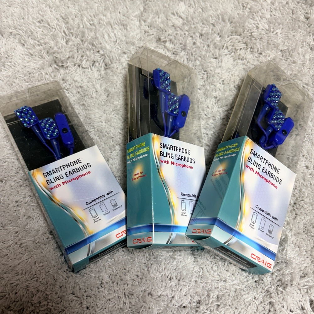 Craig Blue Bling Smartphone Earbuds with Microphone CHP4831BL 3 Pack‎ NEW